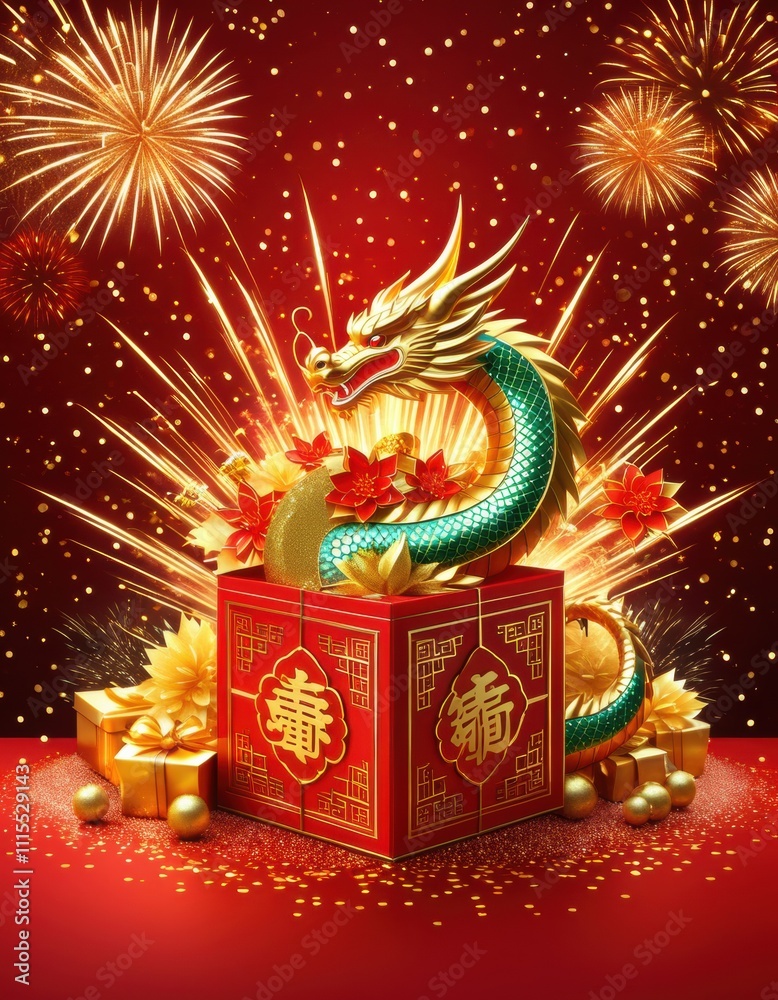 Fototapeta premium A festive New Year with a red gift box adorned with a gold bow in the foreground.