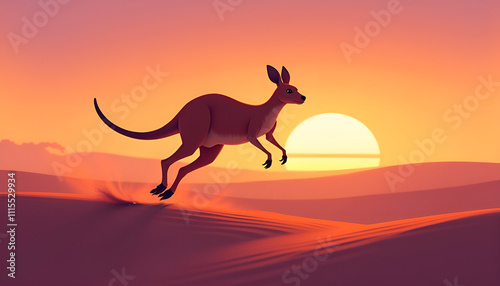 Kangaroo jumping in the desert at sunset, vibrant silhouette illustration photo