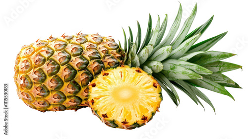 Two ripe pineapples, one whole and one sliced in half, showcase their bright yellow flesh and spiky green leaves, ready to be enjoyed on a sunny summer day