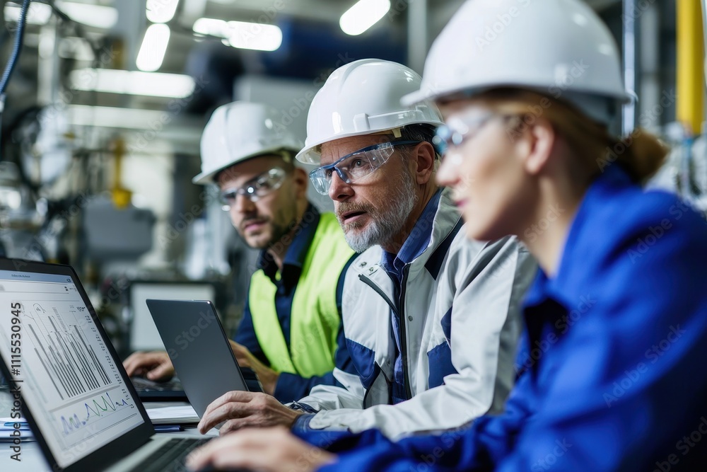 Team of Engineers Analyzing Data on Laptop in Industrial Setting Team of Engineers Analyzing Data on Laptop in Industrial Setting