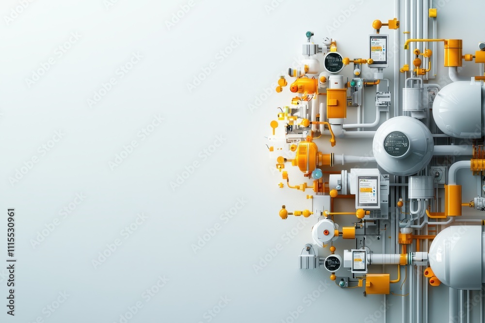 Fototapeta premium Industrial Pipe System with Valves and Gauges on White Background