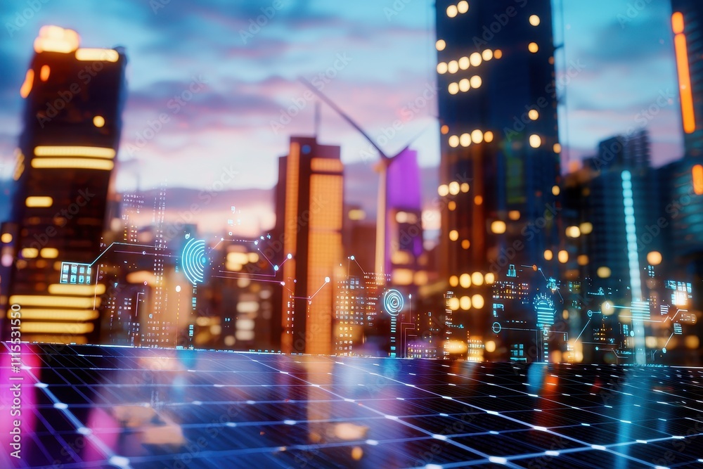 Futuristic City Skyline with Digital Overlay and Solar Panels Futuristic City Skyline with Digital Overlay and Solar Panels
