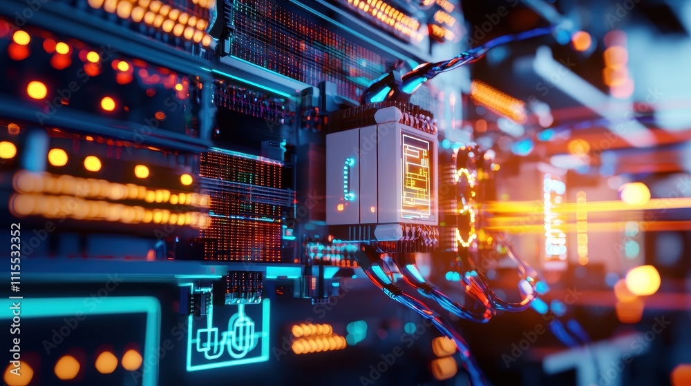 Fototapeta premium Modern Circuit Board with LED Lights and High-Tech Components