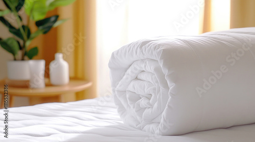 A rolled white down alternative mattress topper on a neatly made bed in a bright, airy room with natural light and minimalist decor, perfect for bedding and home goods branding...