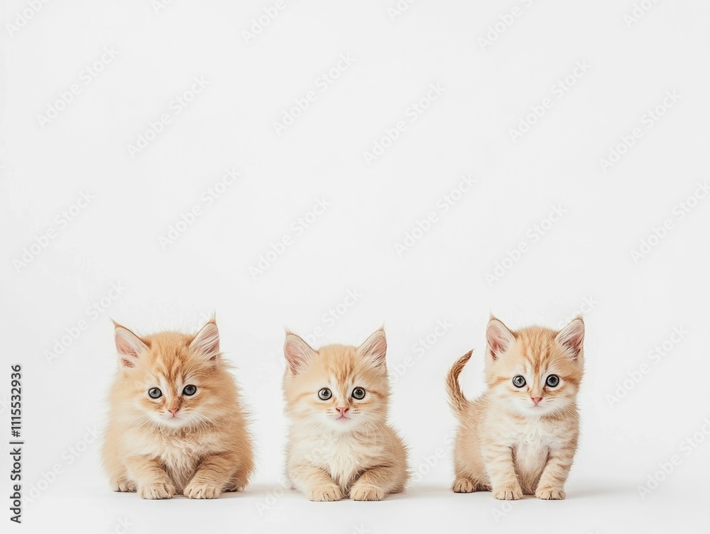 Three cute and fluffy kittens sitting together in a harmonious portrait composition against a clean white background The playful and gentle pets are posing nicely Three cute and fluffy kittens sitting together in a harmonious portrait composition against a clean white background The playful and gentle pets are posing nicely