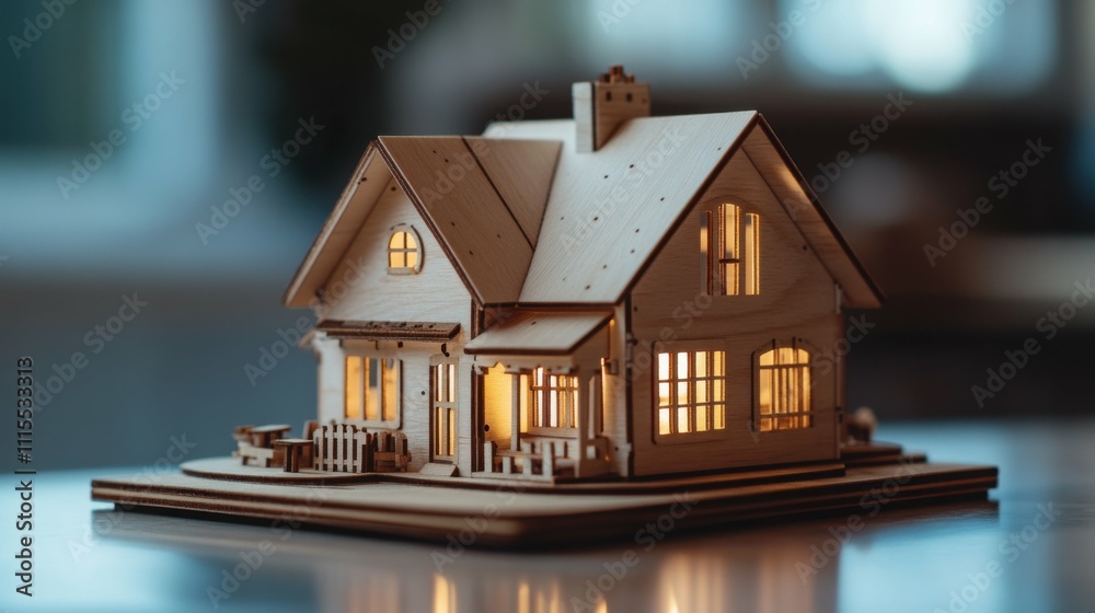 Miniature wooden house on a table, detailed architecture, cozy model, soft lighting, warm home setting, rustic design, dollhouse aesthetic, charming Miniature wooden house on a table, detailed architecture, cozy model, soft lighting, warm home setting, rustic design, dollhouse aesthetic, charming