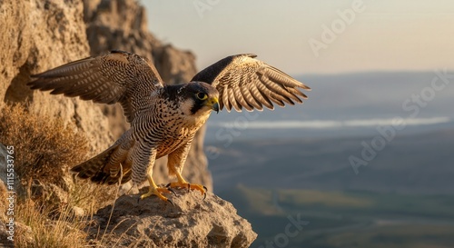 Majestic peregrine falcon in natural cliffside habitat at sunrise photo