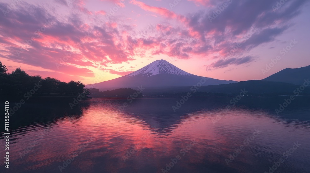Serene sunset over a tranquil lake reflecting a majestic mountain. Serene sunset over a tranquil lake reflecting a majestic mountain.