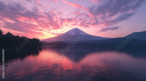 Serene sunset over a tranquil lake reflecting a majestic mountain.