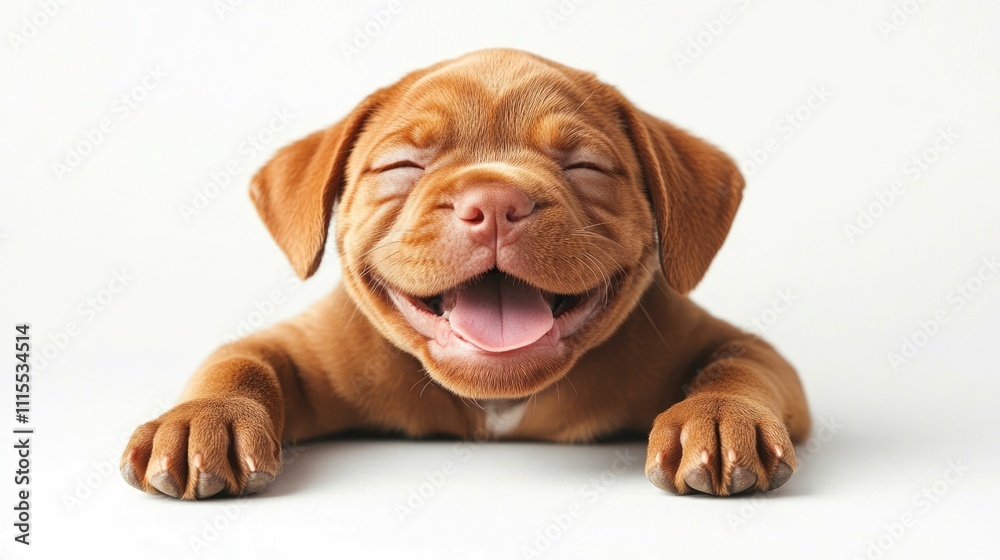 Obraz premium Cheerful and Playful Puppy with a Wide Joyful Grin Captured in Bright Vibrant Tones Against a Crisp White Backdrop for a Striking Pet Photography Portrait