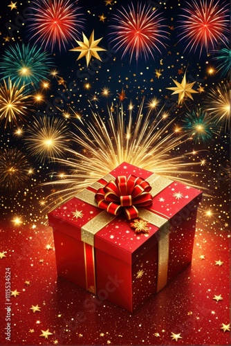 A festive New Year with a red gift box adorned with a gold bow in the foreground.