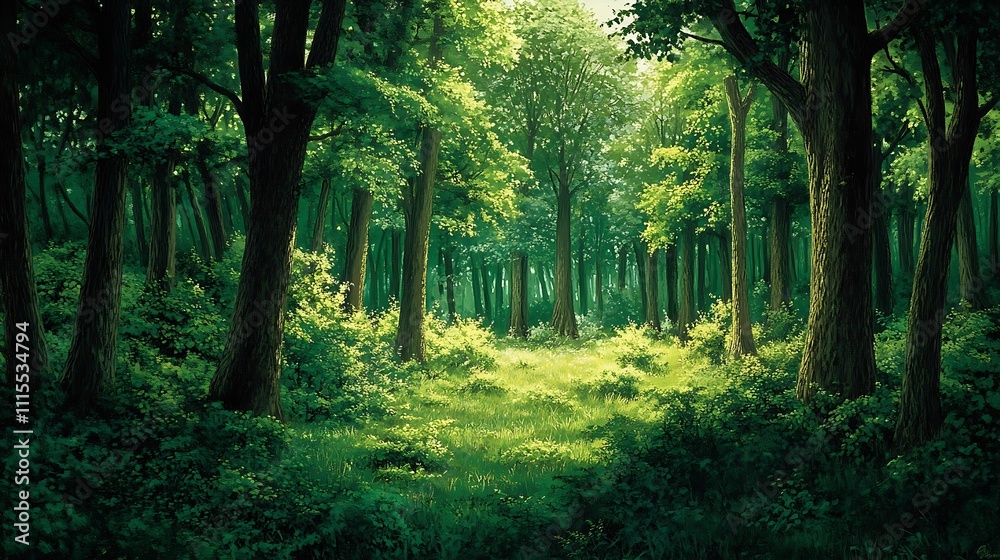 Fototapeta premium A serene forest scene with lush greenery and sunlight filtering through the trees.