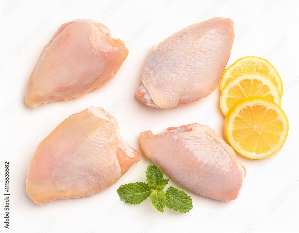 Fresh raw chicken breast fillets with lemon and mint on white background Fresh raw chicken breast fillets with lemon and mint on white background