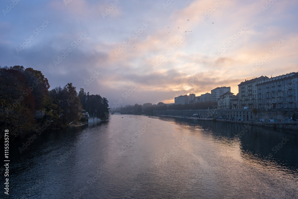 Fototapeta premium Sunset over Po River in Turin
