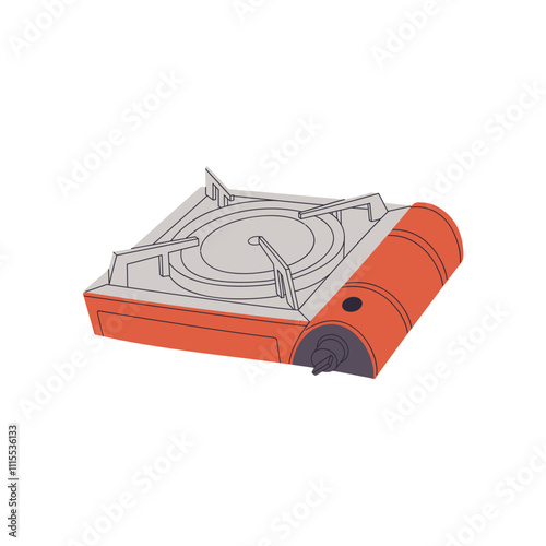 Gas burner for preparation of food outdoors. Portable propane cooker for camping. Hiking equipment for cooking. Trekking gear to travel at nature. Flat isolated vector illustration on white background