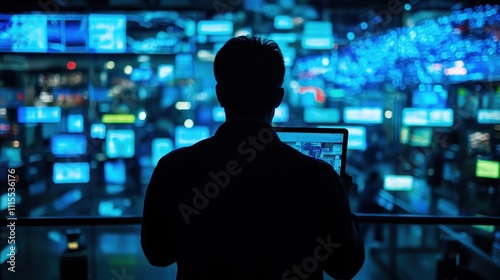 Silhouette of a Person Working in a High-Tech Control Room at Night