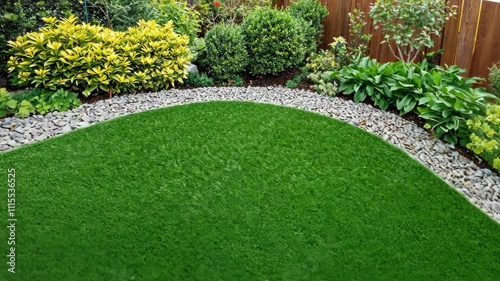 Vibrant artificial lawn surrounded by lush greenery and decorative shrubs in a residential garden setting