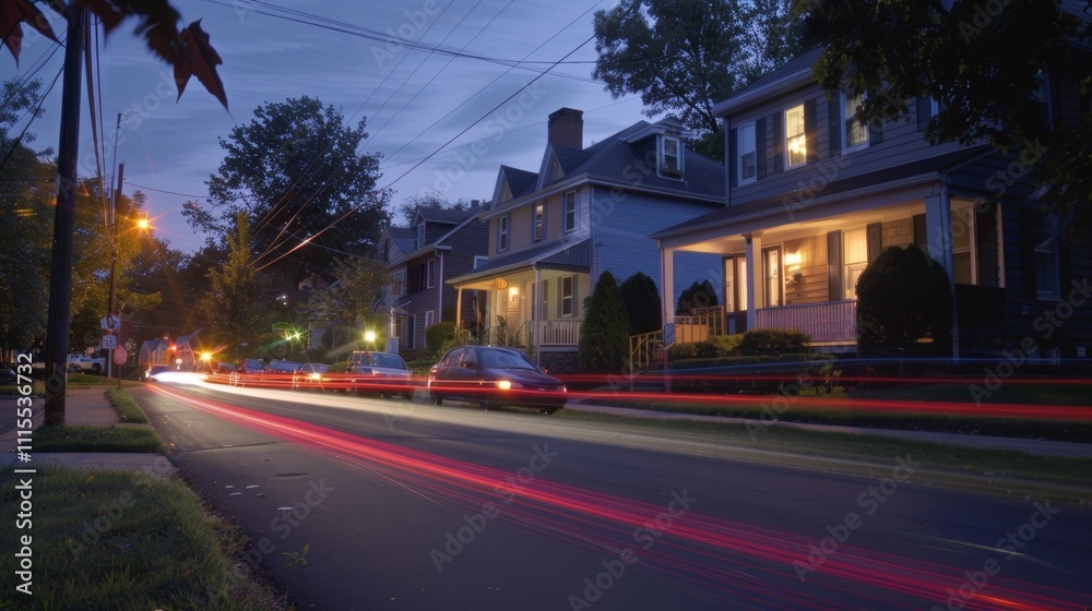 Fototapeta premium The quiet charm of a suburban street is juxtaposed with the dynamic energy of car light trails.