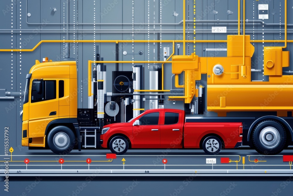 Naklejka premium Industrial Vehicle Composition with Yellow Truck and Red Pickup