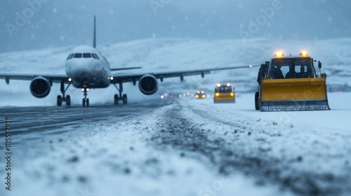 A dramatic airport scene during a snowstorm, with planes grounded on icy runways and snowplows working tirelessly under limited visibility  photo