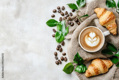 Wallpaper Mural Cozy Coffee and Croissant with Latte Art on Rustic Background Torontodigital.ca