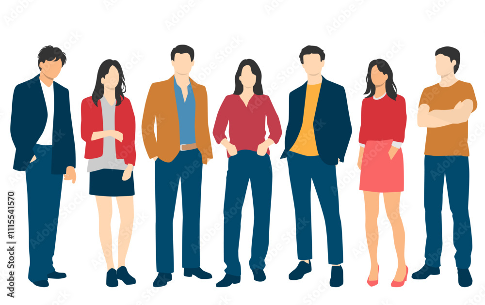 Fototapeta premium Set of young men and women , different colors, cartoon character, group of silhouettes of standing business people, students, design concept of flat icon, isolated on white background