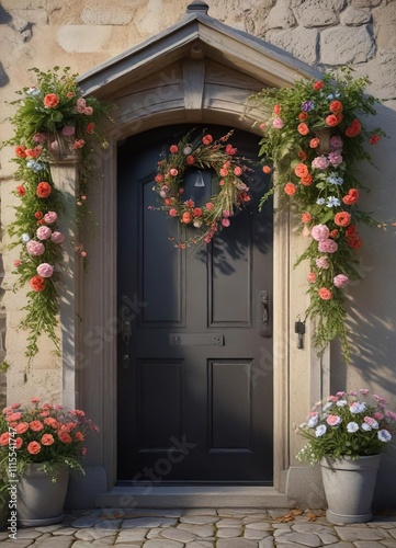 A stunning floral wreath on the front door of a romantic cottage, outdoor decor, greenery, romantic cottages