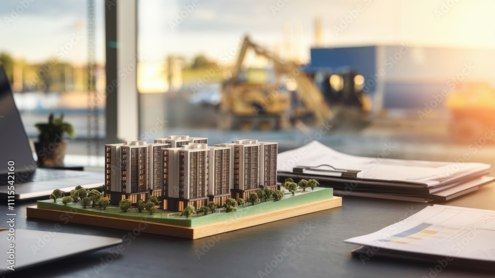 A model of a residential building on a desk, with construction visible outside. A model of a residential building on a desk, with construction visible outside.