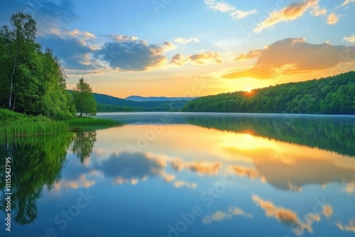 Serene sunset over a tranquil lake, reflecting vibrant colors.
