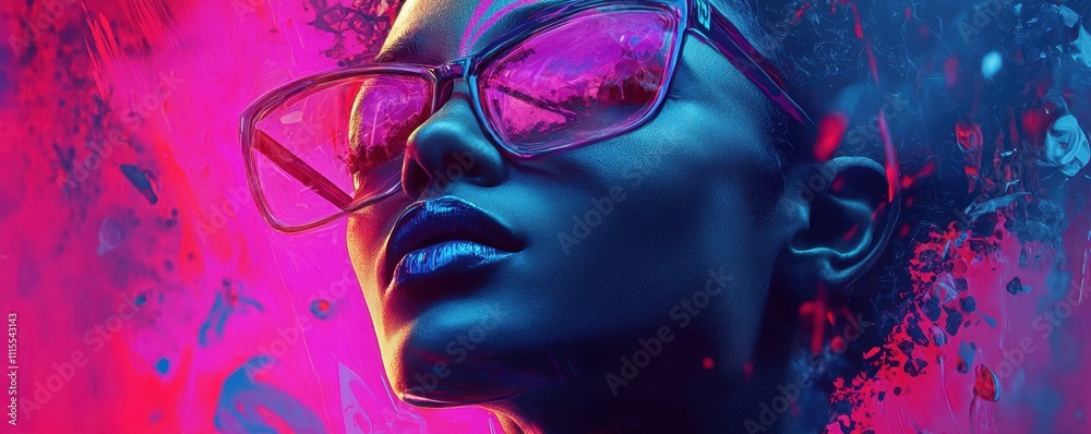 Vibrant Portrait of a Stylish Woman with Trendy Sunglasses in Neon Colors Vibrant Portrait of a Stylish Woman with Trendy Sunglasses in Neon Colors