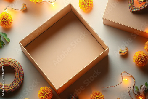 top view of open empty brown box on a floor with blue sand rangoli, diwali theme and lights photo