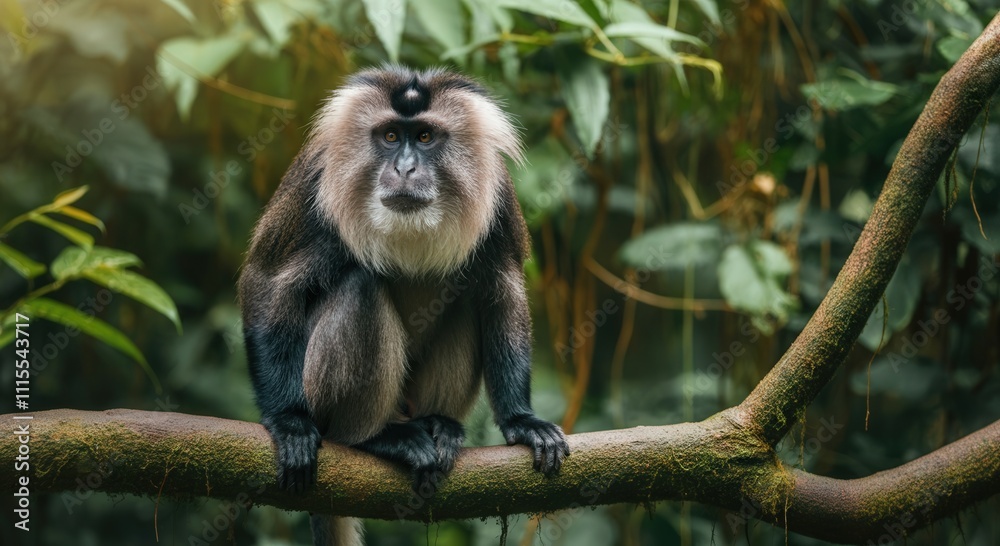 Obraz premium Lion tailed macaque on branch in lush tropical rainforest habitat