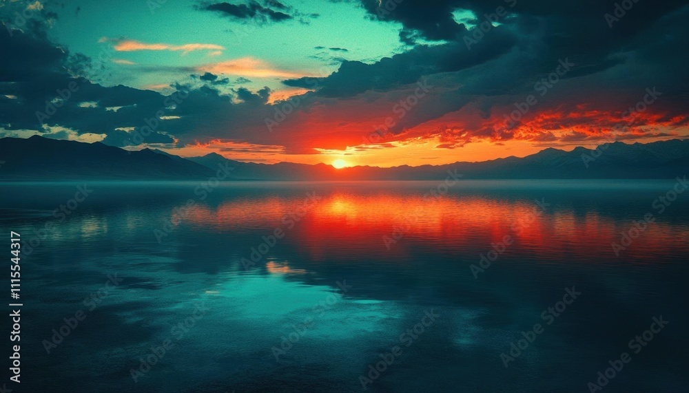 Obraz premium A vibrant sunset reflecting on calm waters with dramatic clouds.