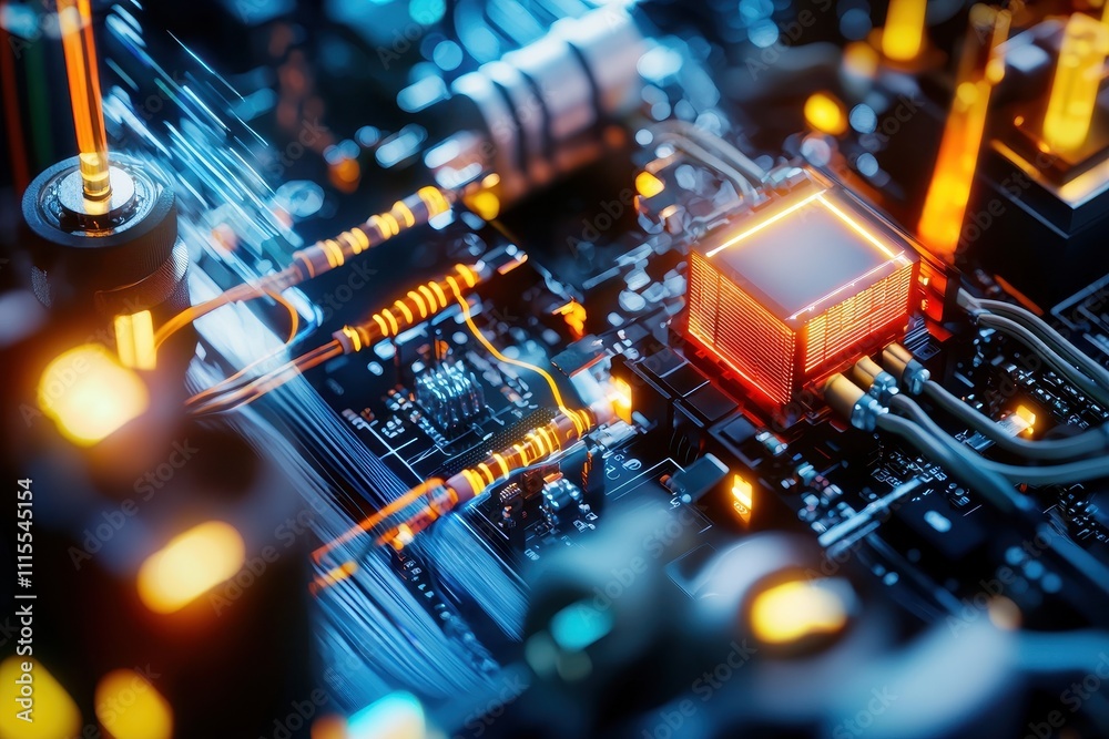 High-Tech Circuit Board with Illuminated Components and Connections