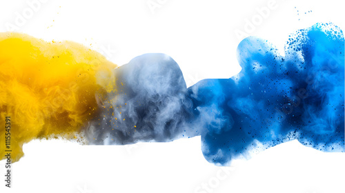 White, Yellow, Blue colours powder exploding isolated on a transparent background