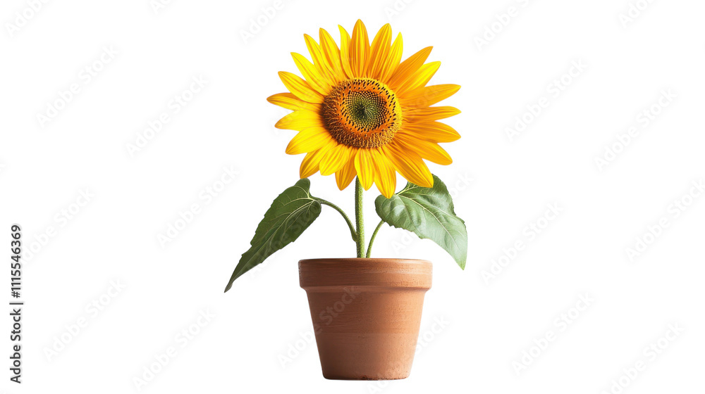 Obraz premium A vibrant sunflower stands tall in a clay pot, radiating joy and warmth. Its golden petals stretch outwards, capturing the essence of a sunny day, perfect for any garden