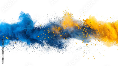 Yellow, Blue, Gold colours powder exploding isolated on a transparent background