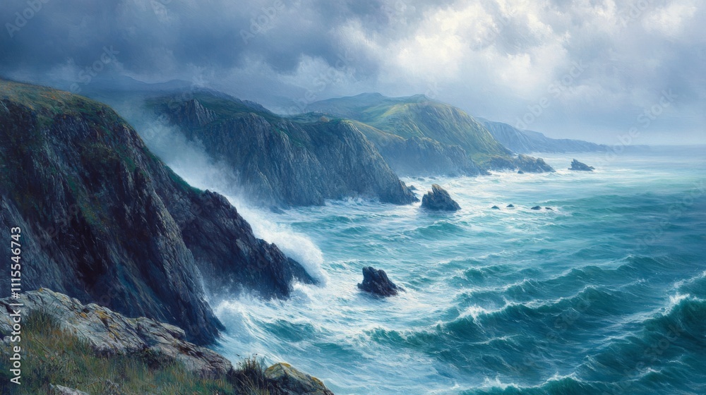 Fototapeta premium A Stormy Seascape with Rugged Cliffs and Foamy Waves