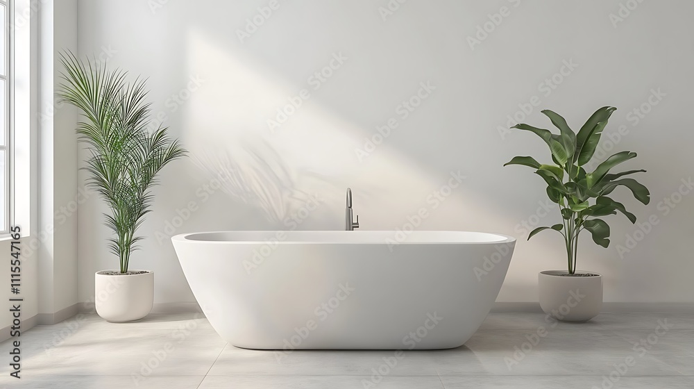 A modern bathroom featuring a freestanding tub and indoor plants for a serene atmosphere. A modern bathroom featuring a freestanding tub and indoor plants for a serene atmosphere.