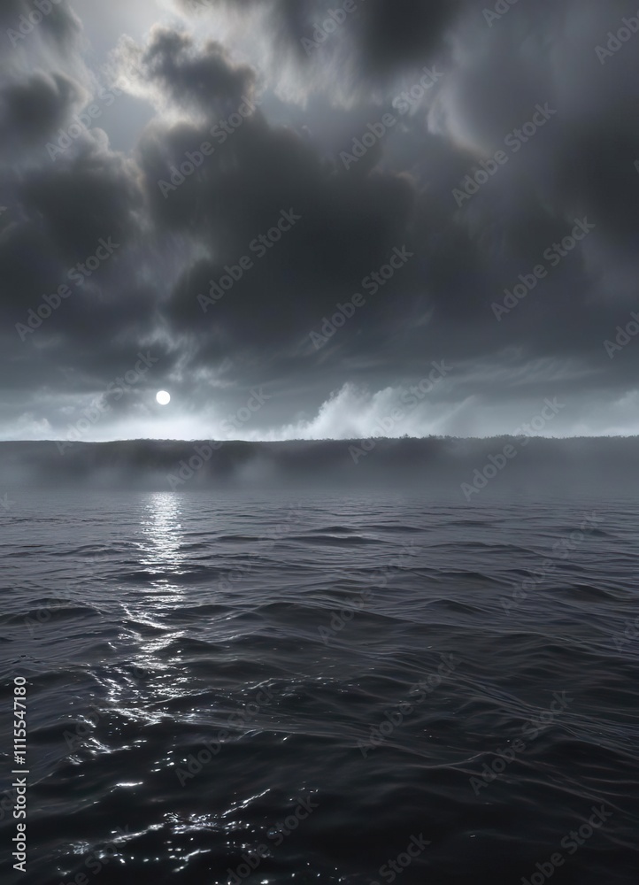 Fototapeta premium Dense fog bank rolling across a vast expanse of dark water, fog bank, weather phenomenon, silhouette