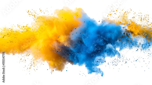 Yellow, Blue, Golden colours powder exploding isolated on a transparent background