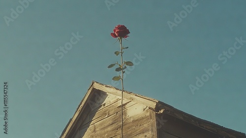   A single rose atop a building against a blue sky backdrop of the building photo