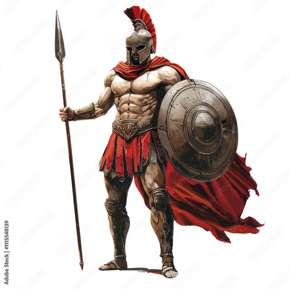 Obraz premium A Spartan warrior with a spear and shield, wearing a red cape and helmet, on a white background