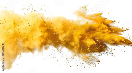 Yellow, Gold, Golden colours powder exploding isolated on a transparent background