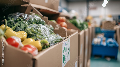 Fresh produce in cardboard boxes at a market during daytime in a bustling environment photo