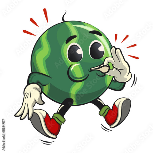 cute watermelon cartoon character is blowing the whistle, watermelon mascot cute cartoon characters for icon, mascot, logo, label, poster, banner, print, sticker, clip art