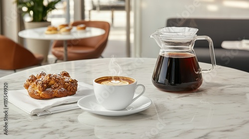 Cozy Coffee Moment with Pastry on Marble Table in Modern Cafe