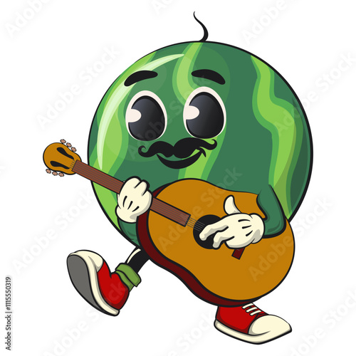 cute watermelon cartoon character with moustache playing guitar, watermelon mascot cute cartoon characters for icon, mascot, logo, label, poster, banner, print, sticker, clip art