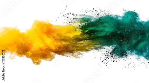 Yellow, Green, Gold colours powder exploding isolated on a transparent background