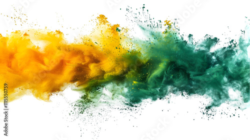 Yellow, Green, Gold colours powder exploding isolated on a transparent background